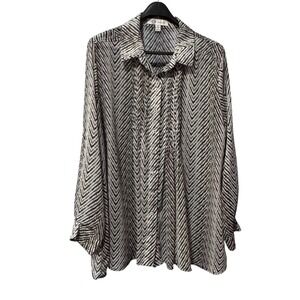 Cristina B Womens XXL Black White Chevron Zig Zag Pintuck Button Down Blouse Top
